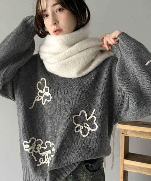 【mily bilet】秋冬のあったかニット。ウールライクフラワーコード刺繍ニットプルオーバーニット mi1149064