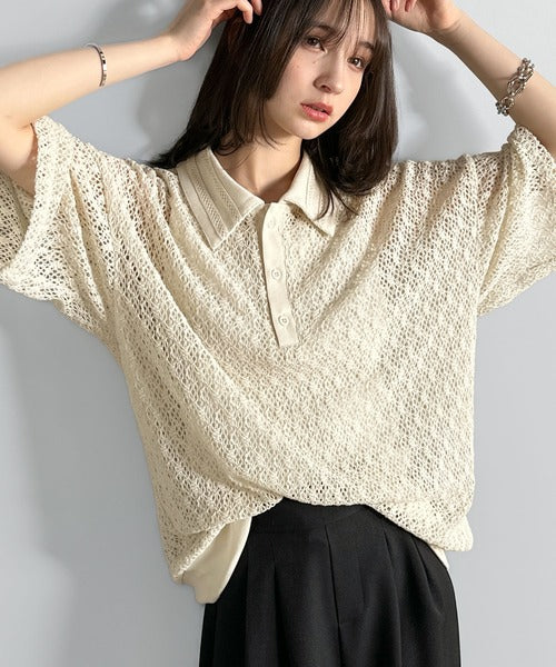 「透け感、モードの余韻。」衿ダブルライン使いレース柄ニットポロシャツ/Lace Detail Knit Polo Shirt co1010010