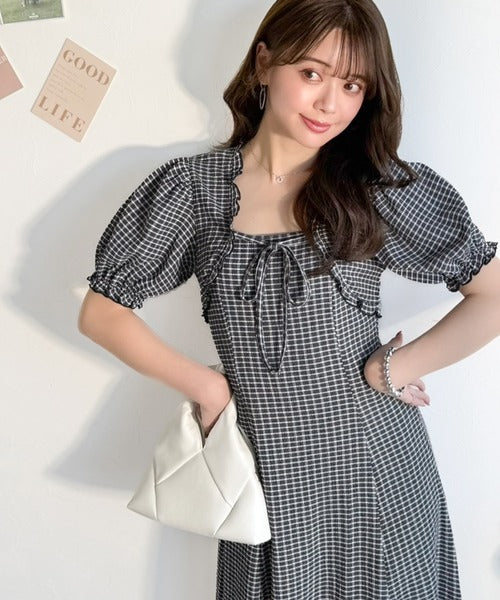 【mily bilet】ボレロ見えレイヤードでスタイルアップ。リボン付き パフスリーブドッキングワンピース (ロング丈) mi1019131