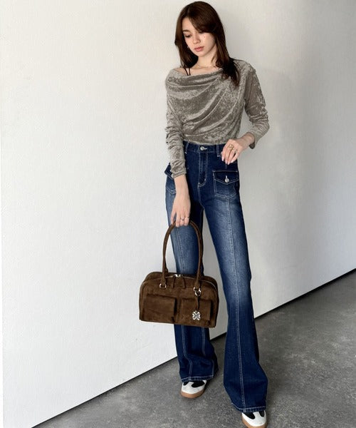 【mily bilet】一歩先のオシャレにアップデート！クラッシュベロアワンオフショルドレーププルオーバー（サムホール付き） mi1269007