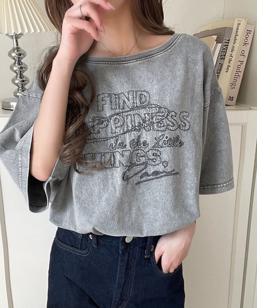 綿100%メンズライクヴィンテージウォッシュ☆前後2way刺繍ワイドネックTシャツ ce1260421