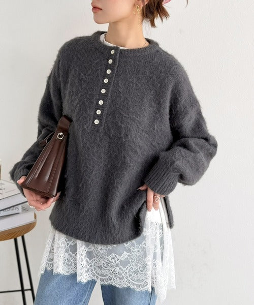 大人のきれいめカジュアル、体型も美しくカバー。裾レースカットソードッキングTシャツ（長袖） ce1020364