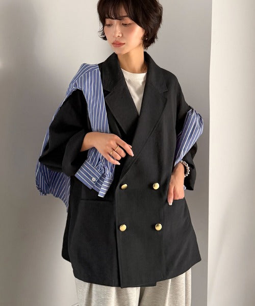 【UVカット、防シワ、接触冷感、吸水速乾機能付き】さらり羽織れるライトさで、楽なのに上品見え。ビックシルエット金ボタンダブルジャケット ce1265041