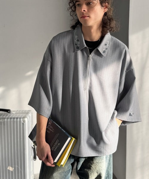 「高見え確定。」刺繍デザインジップシャツ／Embroidered Design Zip Shirt co1010043