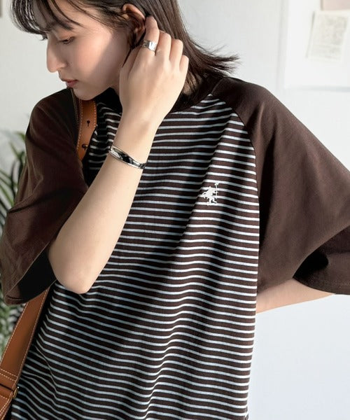 《JaVaジャバコラボ》お洒落迷子の救世主。綿100％胸刺繍ラグラン配色ボーダーTシャツ jv1260558