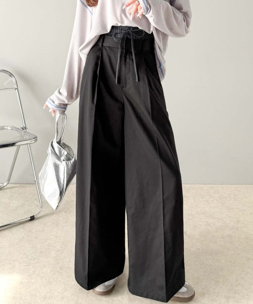 上品なシルエットの優秀パンツ♪Wベルト異素材スラックスワイドパンツ ce0940219