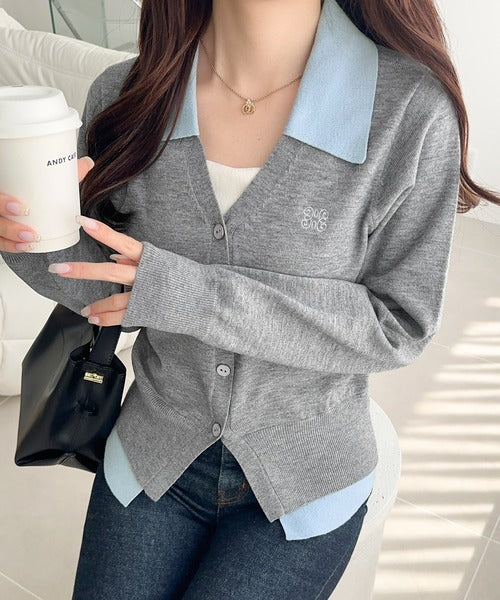 【mily bilet】着るだけ完成、コーデ迷子にさよなら♪胸刺繍ダブルカラーレイヤードニットカーディガン（長袖） mi1359021