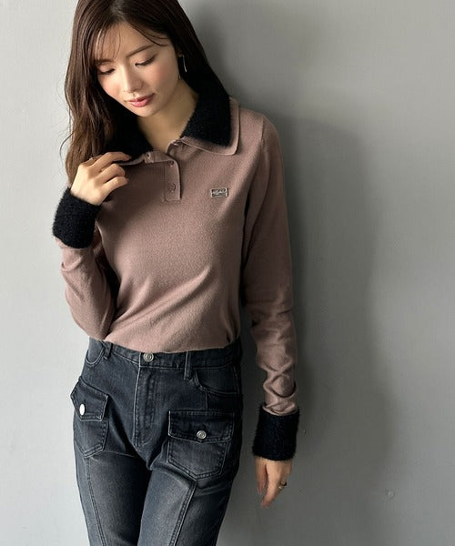 【mily bilet】上品とカジュアルを叶える、大人コーデが即完成。ファー使いダブル襟ロゴプレートニットポロ(長袖) mi1029150