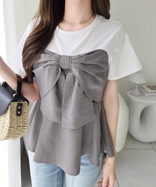 【mily bilet】一枚でサマになる。 フロントリボン布帛コンビ半袖Tシャツ mi1269018