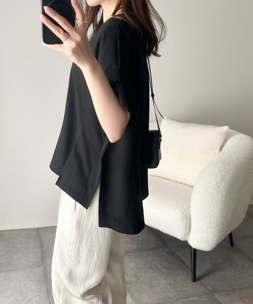 大人の女性を魅力的に引き立てる。袖口シアー切り替え 半袖 Tシャツ ce1110095