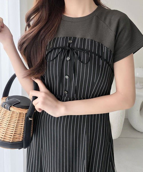 【mily bilet】こなれ感抜群の最旬レイヤード。Tシャツレイヤード風 ストライプドッキング フレアワンピース (ロング丈) mi1019129