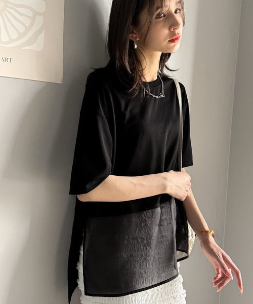 春夏に涼しさ引き立てる透け感が◎裾シアー切り替えライトダンボール半袖Tシャツ ce1110116
