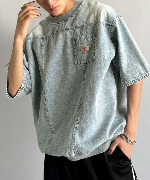 《JaVaジャバコラボ》綿100％ヴィンテージ加工アウターデニムTシャツ jo1010007