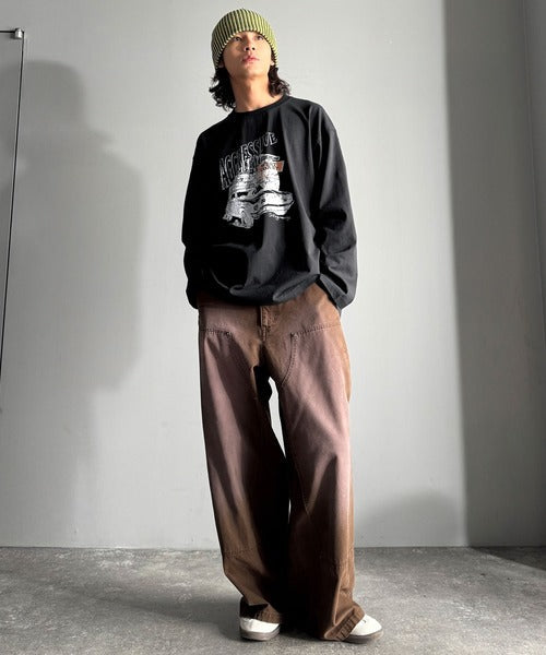 《JaVaジャバコラボ》ヴィンテージ感漂う綿100%クラシックカーグラフィックTシャツ（長袖） jo1150067