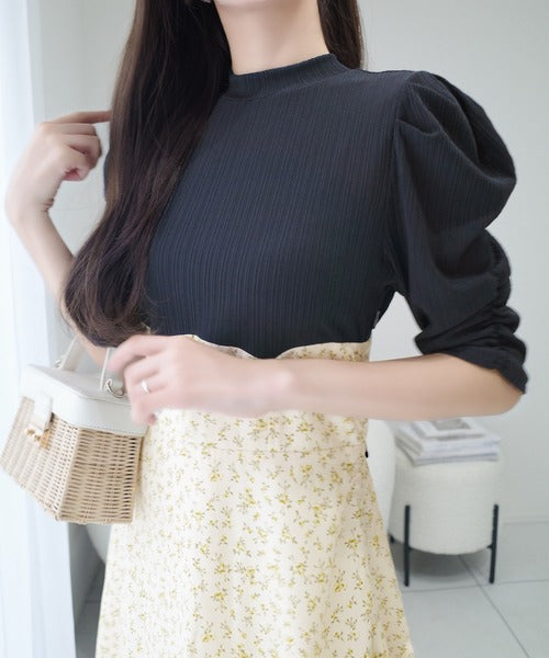 【mily bilet】一枚で主役級フェミニンスタイル。後ろシアーリボン花柄ドッキング袖ギャザーワンピース（ロング丈） mi1139073