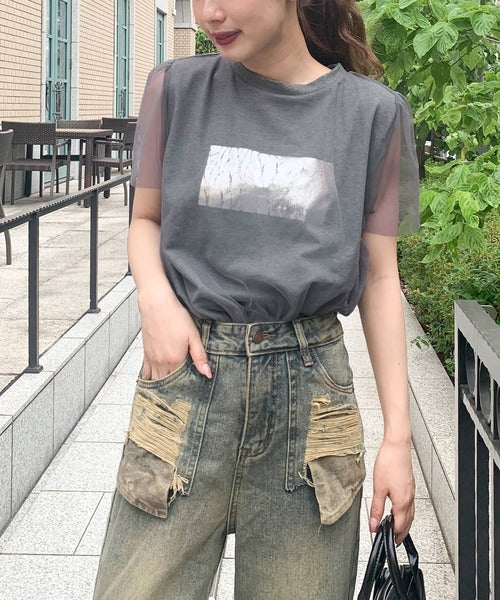【mily bilet】1枚で上級お洒落style。チュール重ね着風シルバー箔プリントTシャツ mi1149050
