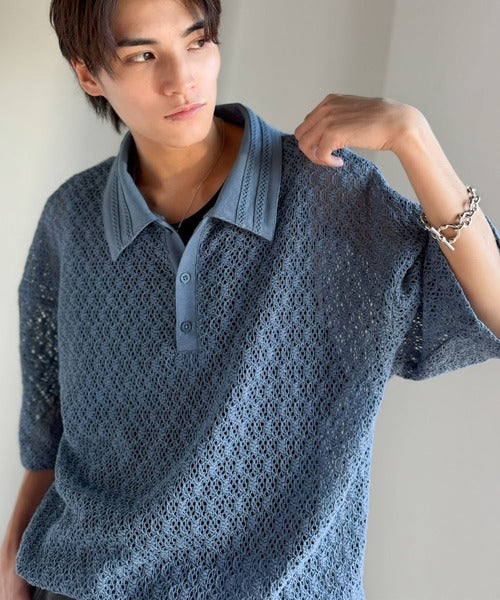 「透け感、モードの余韻。」衿ダブルライン使いレース柄ニットポロシャツ/Lace Detail Knit Polo Shirt co1010010