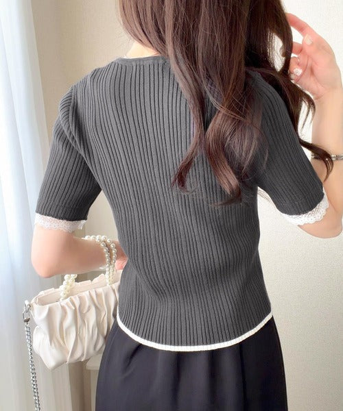 【mily bilet】 1枚で主役級！レイヤード風袖レース使いリボンデザインリブニットプルオーバー(半袖) mi1029198