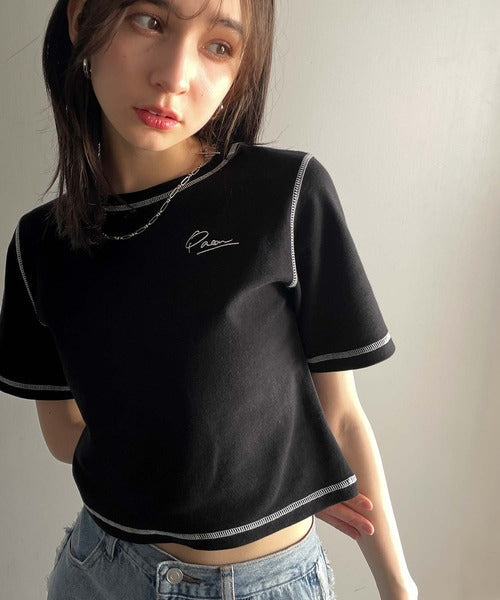 1枚で今っぽデザイン♪PAEAN刺繍配色ステッチチビTシャツ（半袖） ce1020200
