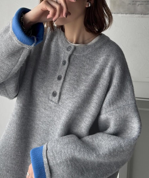 自然な華奢見え。さりげない配色でこなれ感を演出♪ダブルフェイス素材クルーネック配色ニットプルオーバー（長袖） ce1380004