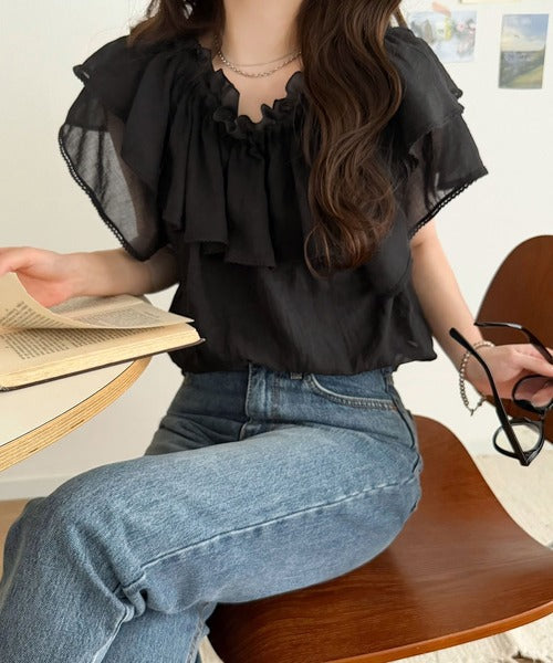 【mily bilet】マルチウェイで360度どこから見ても可愛い！ギャザーフリルリボンブラウス（半袖） mi1019132