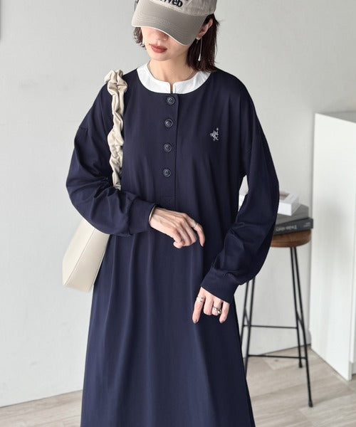 大人リラクシーで抜け感を。胸刺繍配色デザインヘンリーネックロングワンピース（長袖） ce1020323