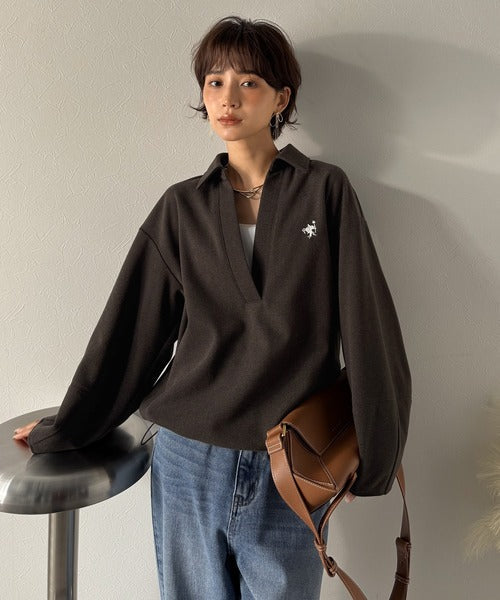【Classical Evon】優しい温もり、上品見え。圧縮ニット襟付きキーネックプルオーバー ev1110143