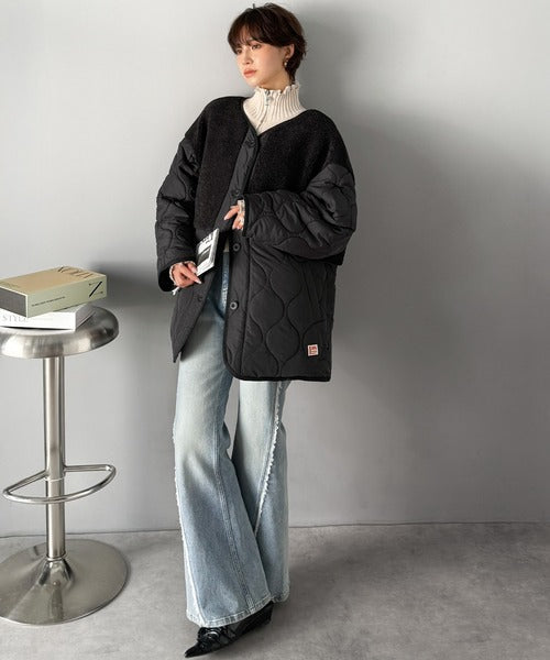 《JaVaジャバコラボ》軽くて暖かい、旬顔ボア切替♪ノーカラーひょうたんキルティングコート jv1240103