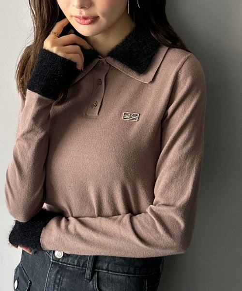 【mily bilet】上品とカジュアルを叶える、大人コーデが即完成。ファー使いダブル襟ロゴプレートニットポロ(長袖) mi1029150