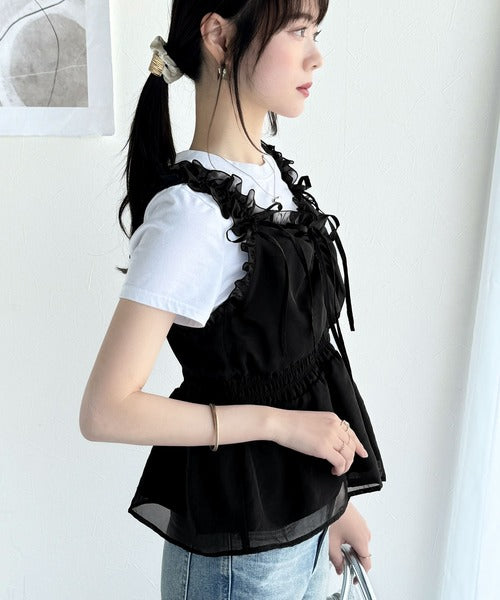 【mily bilet】愛され大人フェミニン。リボン使いフリルオーガンジービスチェキャミソール mi1019072