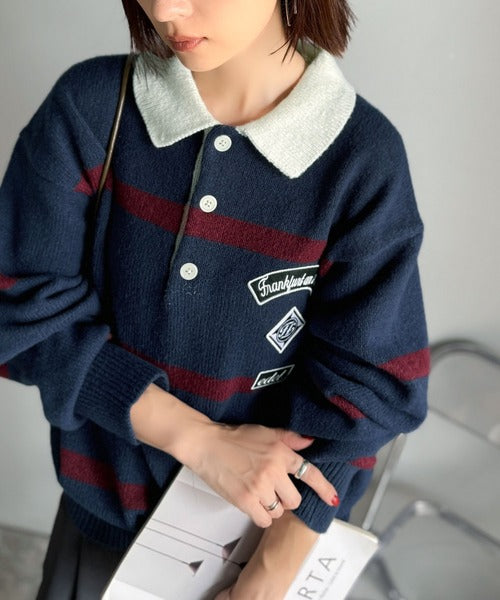 《JaVaジャバコラボ》魅せる、トラッド感。ワッペンデザインラガーポロニット（長袖） jv1029131