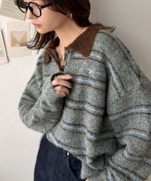 メンズライクに女子っぽさを。胸刺繍ブークレ配色ボーダーニットポロ（長袖） ce1240142