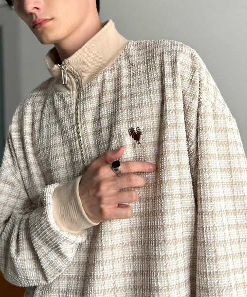 【Classical Origin】「上品カジュアル」。裾ドロスト付きツイード素材ハーフジッププルオーバー（長袖）/Tweed Fabric Drawcord Half-Zip Pullover co1010032