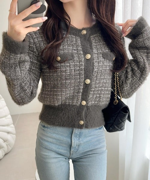 【mily bilet】ツィードライクフェザー切り替えラメニットジャケット mi1329043
