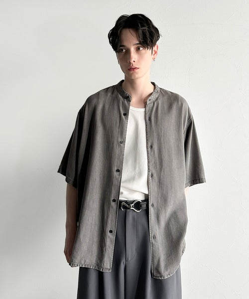 Rayon Denim Band Collar Relaxed Shirt／ヴィンテージ加工ルーズフィットデニムシャツ co1150011