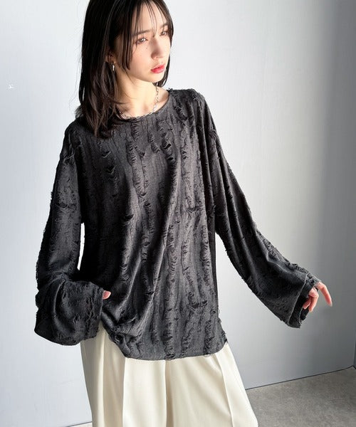 グランジを楽しむ旬スタイル。ダメージ加工ビッグシルエットジャカードカットソーTシャツ（長袖） cm1010420
