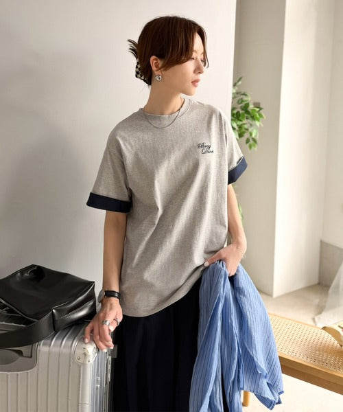 《JaVaジャバコラボ》大人の色魅せ、軽やかに映える。綿100％ 胸刺繍入り 袖配色切り替え Tシャツ（半袖） jv1330106