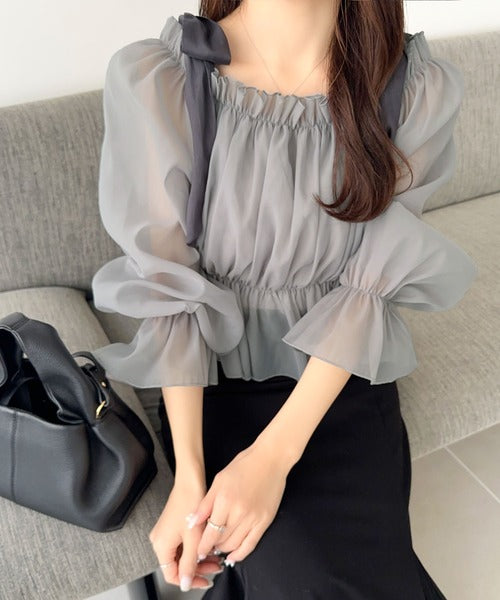 【mily bilet】大人愛され甘め主役級トップス。肩リボンオフショル２WAYオーガンジーブラウス(長袖) mi1359008
