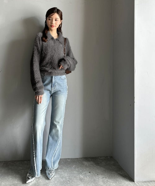【mily bilet】カジュアルな大人ふんわり。メタルプレート使いフェザーシャギーポロニット（長袖） mi1029134