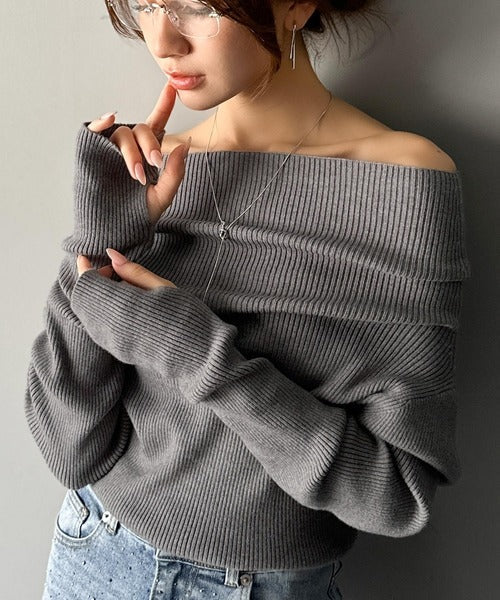 【mily bilet】立体的なシルエットが叶えるデコルテ魅せ♪指穴ドレープ使いファンオフショル２WAYリブニット mi1029137