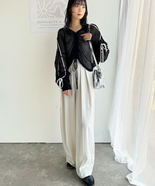 【mily bilet】ルーズな愛らしさで魅了する。透かし編みギャザー仕様リボンプルオーバー（長袖） mi1029102
