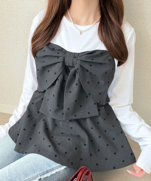 【mily bilet】心ときめく、ビッグリボン♪フロントリボン ドッキング長袖Tシャツ mi1269019