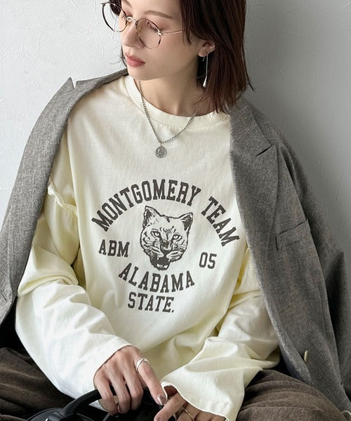 レディなヴィンテージスタイル。綿100％カレッジピグメント袖フリルTシャツ ce1020221