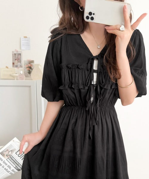 【mily bilet】1枚で華やぐ♪揺れ感シアーフリルリボンプリーツロングワンピース mi1019134