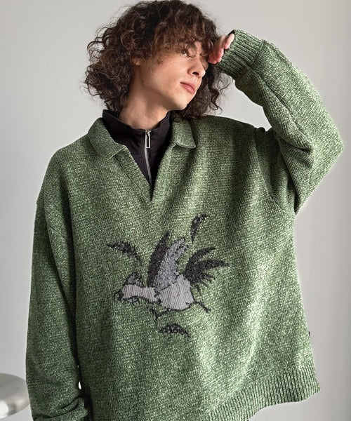 【Classical Origin】「個性で遊ぶ。」モール糸使いルースター柄襟付きVネックセーター／Chenille Yarn Rooster Motif Collared V-Neck Sweater co1150075
