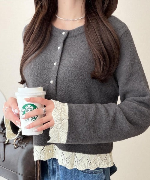 【mily bilet】裾レースとパールが、大人の甘さを引き立てる。前後2way配色ニットレースカーディガン mi1029195