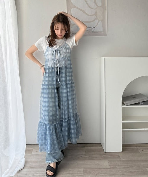 【mily bilet】大人の甘さを引き立てる。チェックチュールフリルティアードキャミワンピース mi1139078