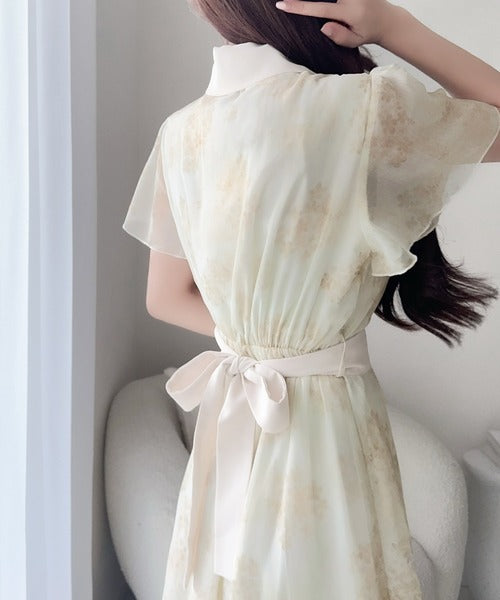 【mily bilet】夏を涼む相棒ワンピ♪水彩フラワーが上品。シアーフローラル バックリボンワンピース (長袖) (ロング) mi1139101