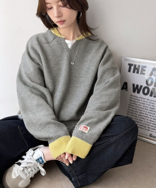 《JaVaジャバコラボ》ざっくり×配色が旬顔。配色スキッパーオーバーサイズ鹿の子編みニット（長袖） jv1410040