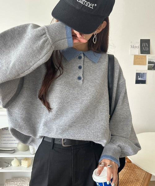 《JaVaジャバコラボ》たっぷりポロが可愛い。配色襟付きヘンリーオーバーサイズニット (長袖) jv1350020